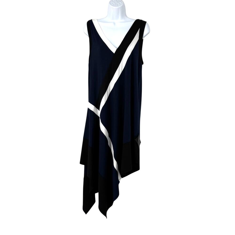 NWT BCBGMaxAzria Asymmetrical Midi Dress S Navy Black Handkerchief Event Artsy